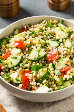 Healthy Homemade Mediterranean Couscous Salad with Cucumber and Tomatoの写真素材