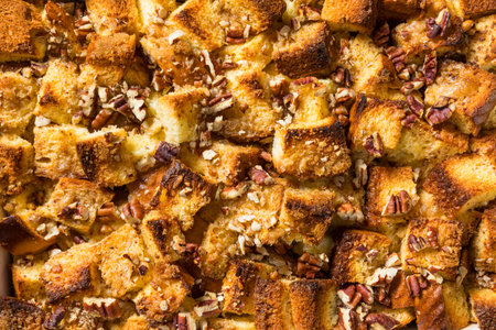 Sweet Homemade Baked French Toast Casserole with Nuts and Syrup