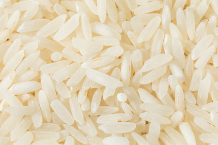 Organic Japanese Basmati Long White Rice in a Spoonの写真素材