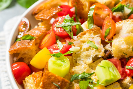 Homemade Classic Italian Panzanella Salad with Basil Tomato and Olive Oil