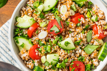 Healthy Homemade Mediterranean Bulgar Wheat Salad with Tomato and Cucumberの写真素材