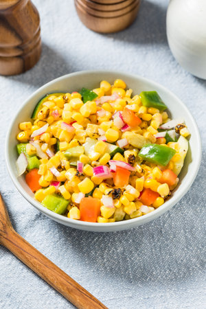 Healthy Homemade Sweet Corn Salad with Onions and Peppersの写真素材
