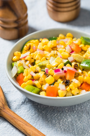 Healthy Homemade Sweet Corn Salad with Onions and Peppersの写真素材