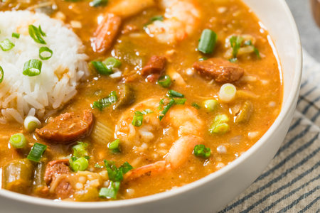 Savory Homemade Cajun Gumbo Stew with White Riceの写真素材