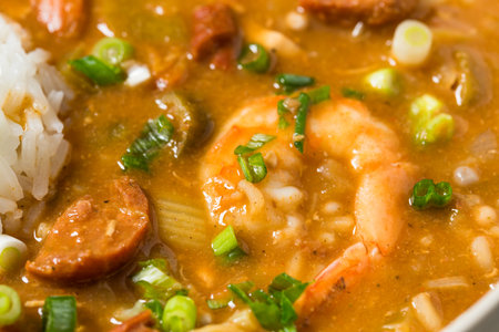Savory Homemade Cajun Gumbo Stew with White Riceの写真素材