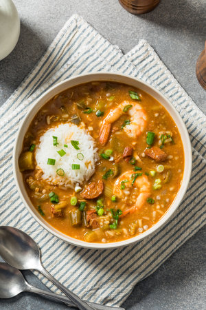 Savory Homemade Cajun Gumbo Stew with White Riceの写真素材