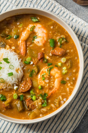 Savory Homemade Cajun Gumbo Stew with White Riceの写真素材