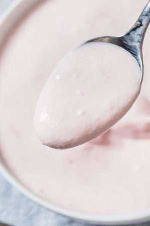 Healthy Cold Raspberry Greek Yogurt for Breakfastの写真素材