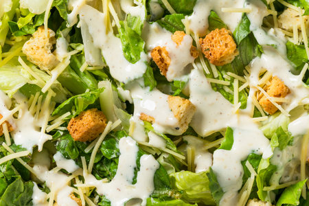 Healthy Homemade Caesar Salad with Cheese Dressing and Croutonsの写真素材