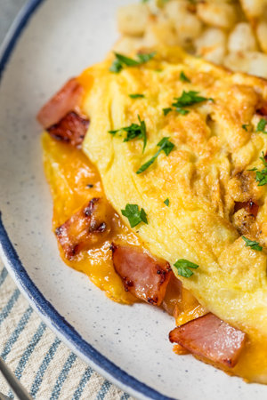 Homemade Ham and Cheese Omelette with Potatoes for Breakfastの写真素材