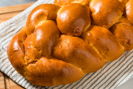 Homemade Baked Challah Bread Cut Into Slicesの写真素材