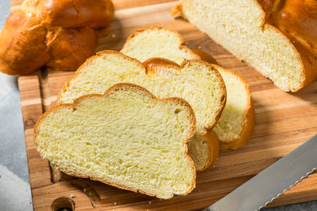Homemade Baked Challah Bread Cut Into Slicesの写真素材