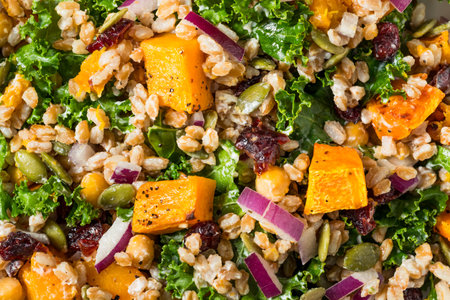Homemade Organic Harvest Farro Butternut Squash Salad with Kaleの写真素材