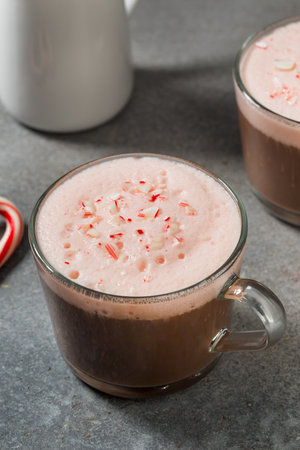 Warm Festive Peppermint Mocha Coffee with Cold Foam and Milkの写真素材