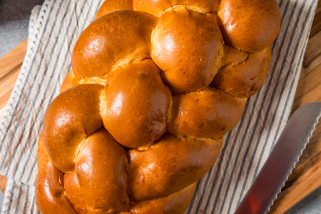 Homemade Baked Challah Bread Cut Into Slicesの写真素材