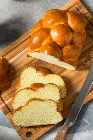 Homemade Baked Challah Bread Cut Into Slicesの写真素材