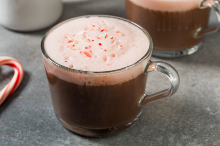 Warm Festive Peppermint Mocha Coffee with Cold Foam and Milkの写真素材