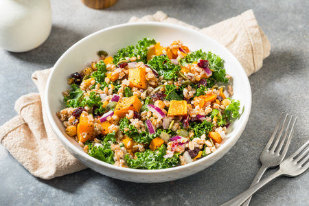 Homemade Organic Harvest Farro Butternut Squash Salad with Kaleの写真素材