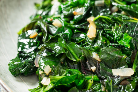 Savory Healthy Sauteed Greens with Spinach and Kaleの写真素材