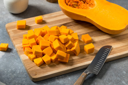 Organic Raw Diced Butternut Squash on a Cutting Boardの写真素材