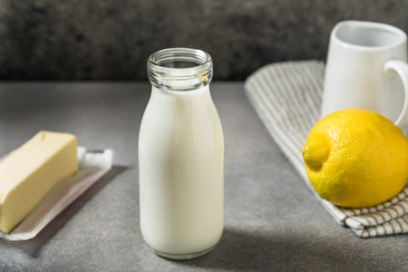 Creamy Organic Buttermilk Milk in a Glass Bottleの写真素材