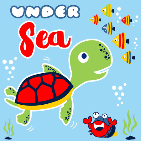 Vector cartoon of turtle with fish and hermit crab underseaのイラスト素材