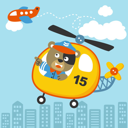 little puppy on helicopter with airplane on buildings background, vector cartoon illustrationのイラスト素材