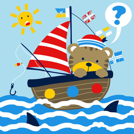 Little cat on sailboat under shark attack in the ocean ,vector cartoon illustrationのイラスト素材