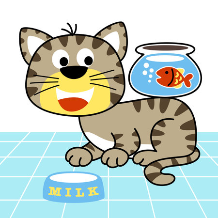 little cat with fish in jar, vector cartoon illustrationのイラスト素材