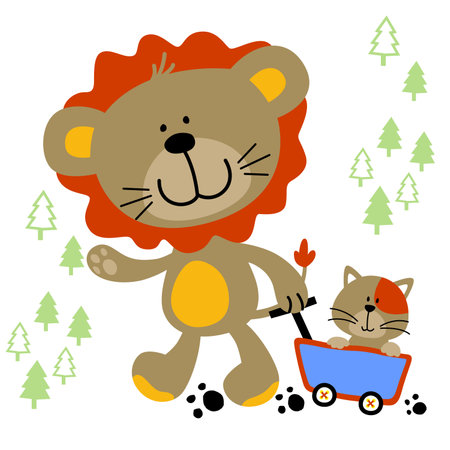 Cute lion pulling a cat on cart, vector cartoon illustrationのイラスト素材