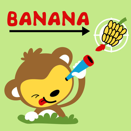 Vector cartoon of cute monkey holding binocular looking at bananaのイラスト素材