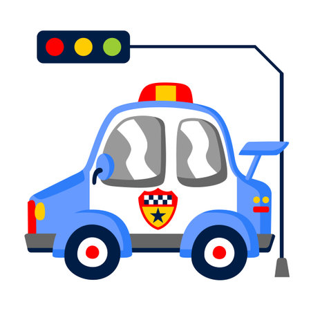 Police car under traffic lights, vector cartoon illustrationのイラスト素材