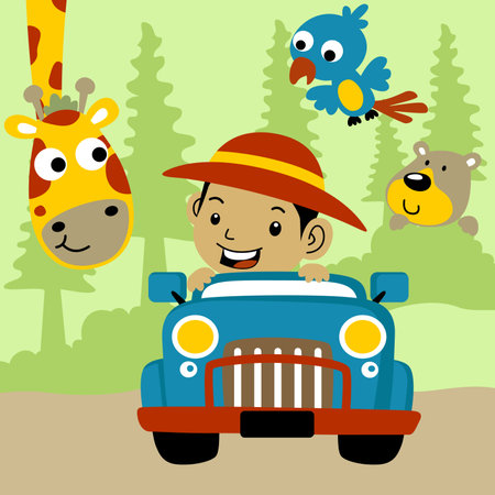 Little boy on car with funny animals, vector cartoon illustrationのイラスト素材