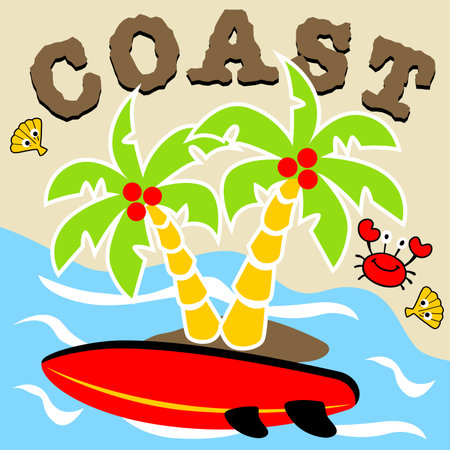 Surfboard under coconut tree, marine animals in the coast, vector cartoon illustrationのイラスト素材