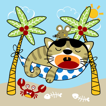 Funny cat with mouse on hummock at summer holiday in the beach, crab and fish bone, vector cartoon illustrationのイラスト素材