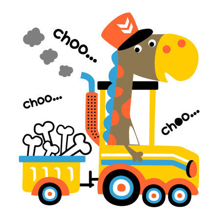Cute dinosaur wearing machinist cap on steam train loading bones, vector cartoon illustrationのイラスト素材