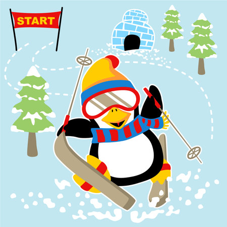cute penguin skiing, snow land elements, vector cartoon illustrationのイラスト素材