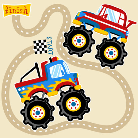 monster trucks championship, vector cartoon illustrationのイラスト素材