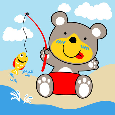 Cute bear fishing, vector cartoon illustrationのイラスト素材
