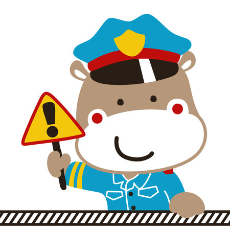 vector cartoon of hippopotamus in police costume holding road signのイラスト素材