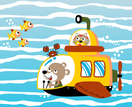 Funny cat and bear on submarine exploring undersea with marine animals, vector cartoon illustrationのイラスト素材
