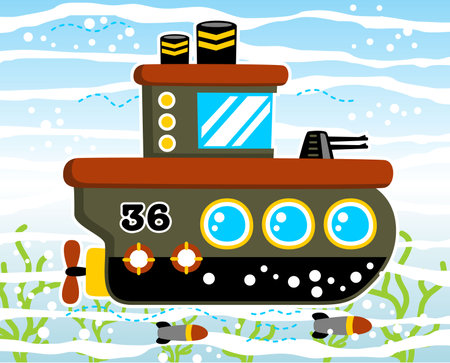 Military submarine with gun undersea, vector cartoon illustrationのイラスト素材