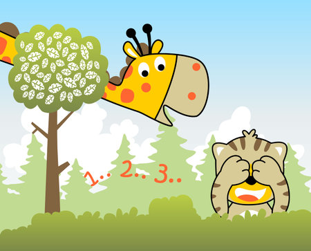 Vector cartoon illustration, tiger and giraffe playing hide and seek in the jungleのイラスト素材