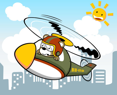 Cute bear wearing pilot helmet on helicopter, flying on buildings background, vector cartoon illustrationのイラスト素材