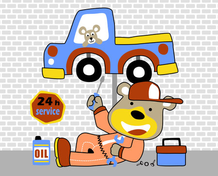 Funny bear in mechanic costume repairing a car, auto repair shop elements with a mice, vector cartoon illustrationのイラスト素材
