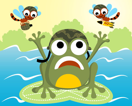 War between frog and dragonfly, frog wearing military helmet on lotus leaf, dragonflies carrying grenade and missile, vector cartoon illustration.のイラスト素材