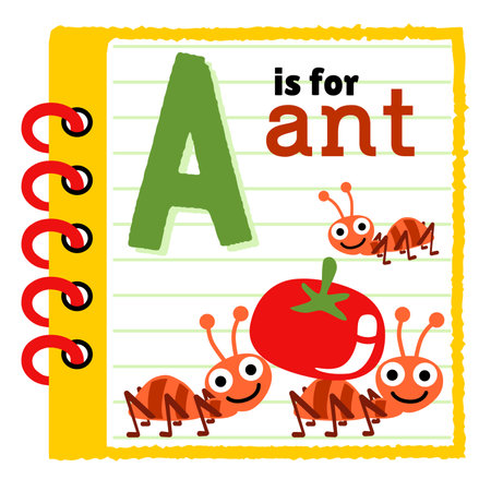 Group of ant with fruit in notebook frame, education cartoon for kids, vector cartoon illustrationのイラスト素材