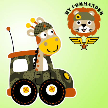 Cute giraffe driving military car, cute lion wearing army beret, t shirt design, vector cartoon illustrationのイラスト素材
