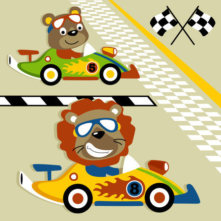 Funny animal racing car championship, cute bear and lion on racing car, vector cartoon illustrationのイラスト素材