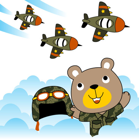 Cute bear in soldier costume at warplane air show, t shirt design, vector cartoon illustrationのイラスト素材
